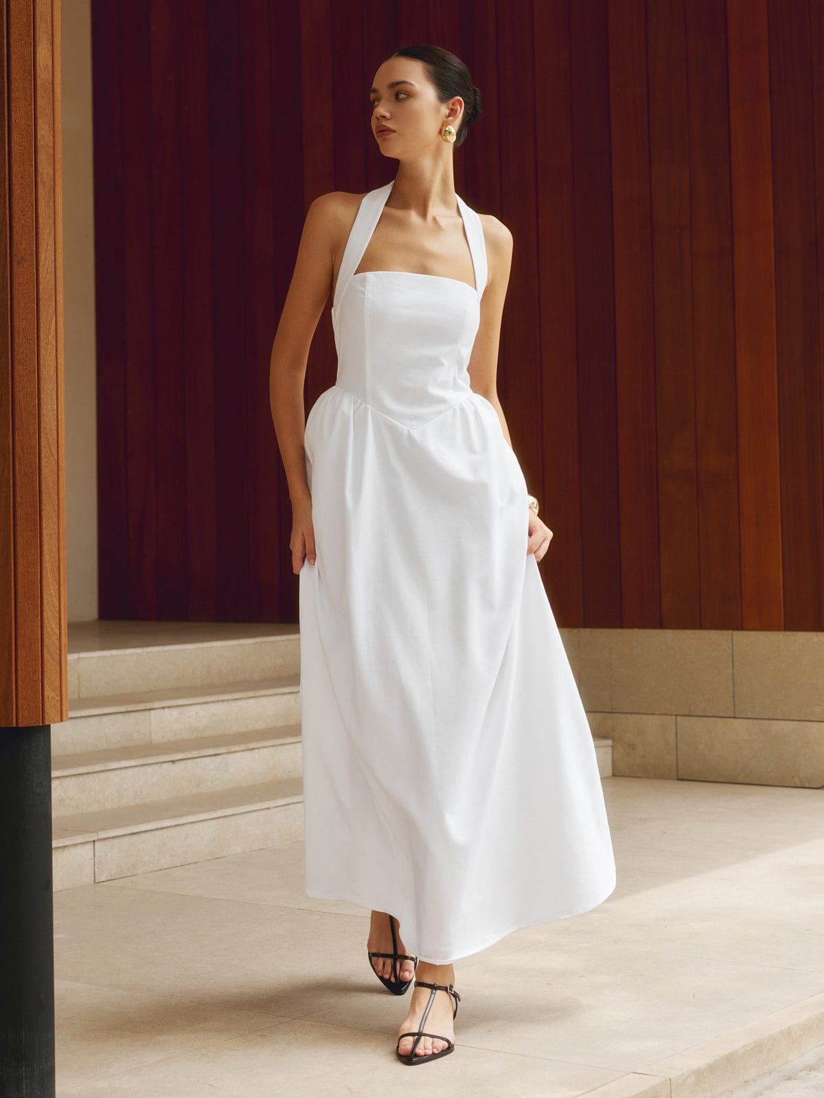 Women's Halter Neck Maxi Dress – Elegant Sleeveless Formal Fit, Floor Length, Lightweight Fabric