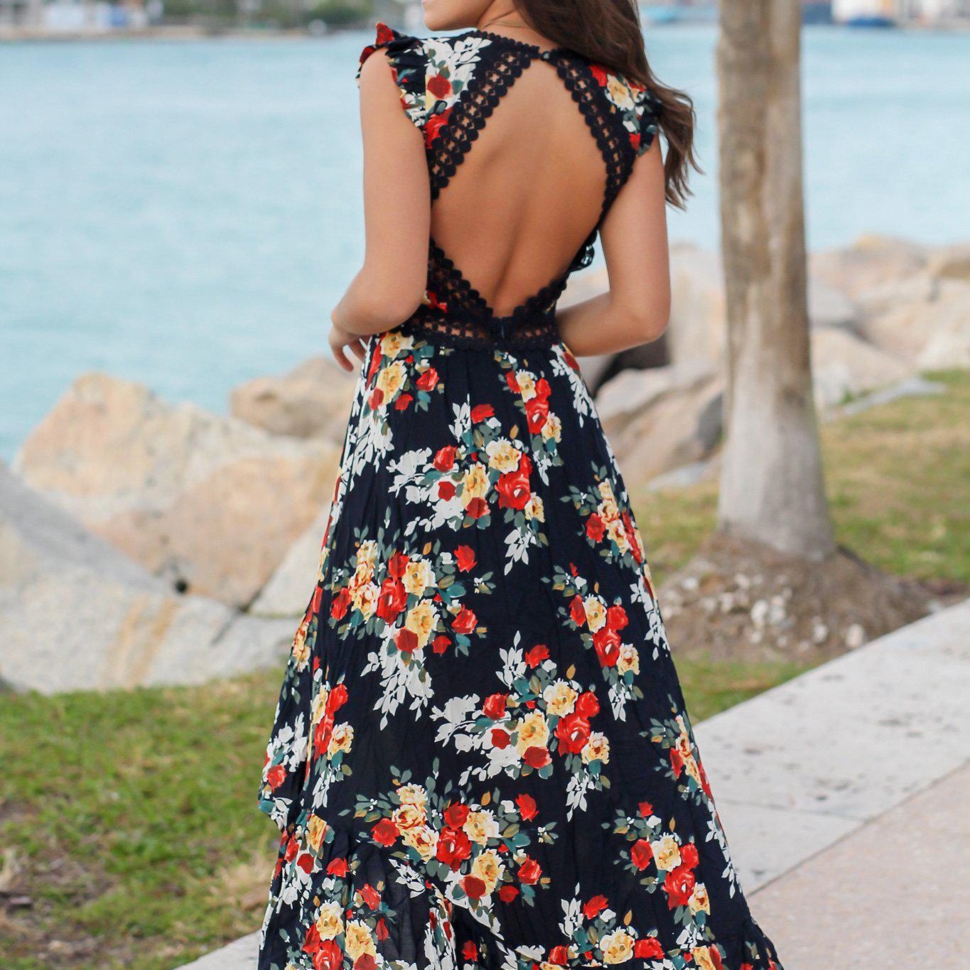 Women's Floral Maxi Dress – Sleeveless Flutter Sleeve, Lace Back, Tiered Skirt, Perfect for Summer