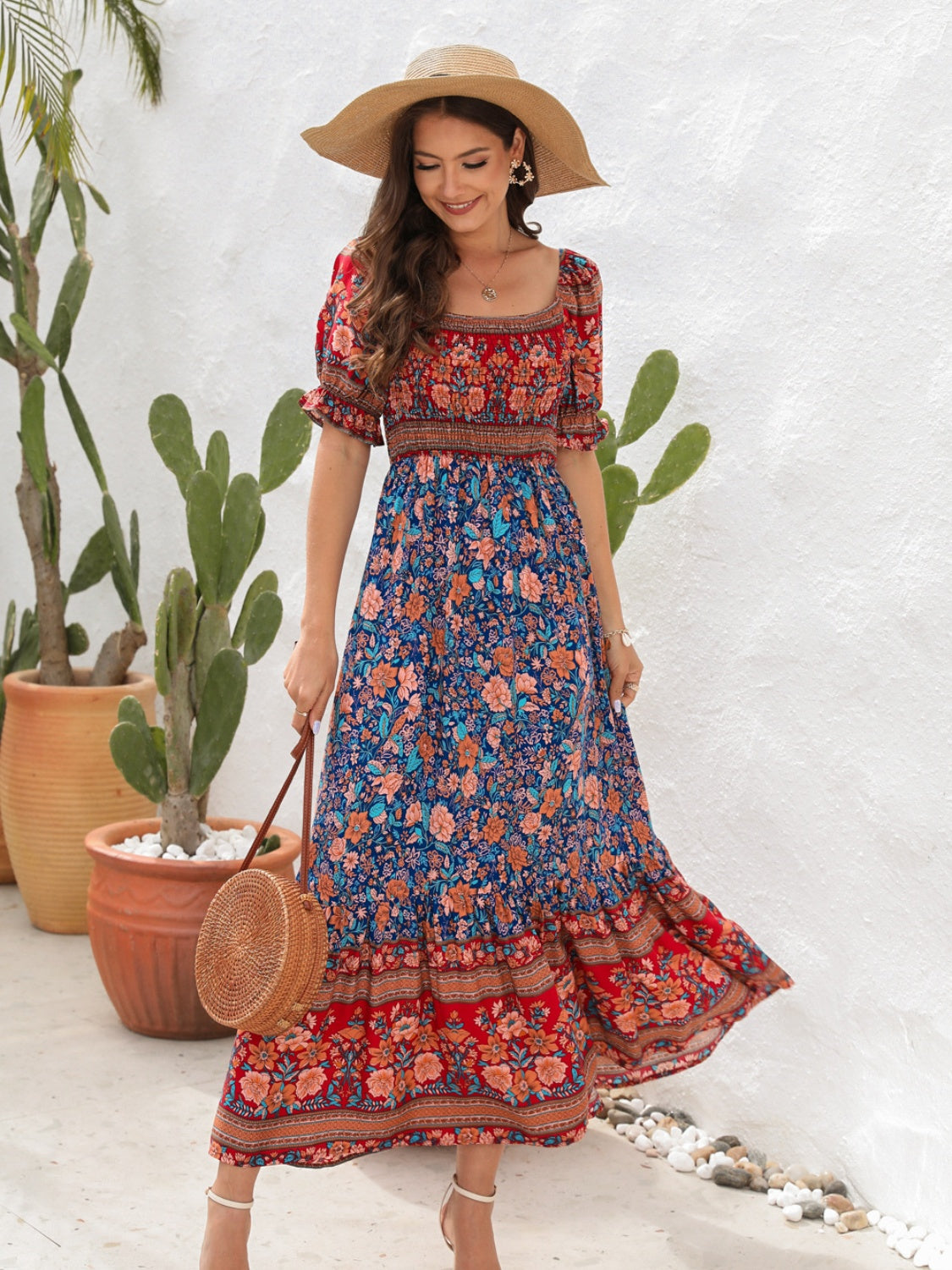 Variant image for Women's Bohemian Floral Maxi Dress – Lightweight Cotton, Smocked Bodice, Puff Sleeves, Side Slit, Summer Essential-21