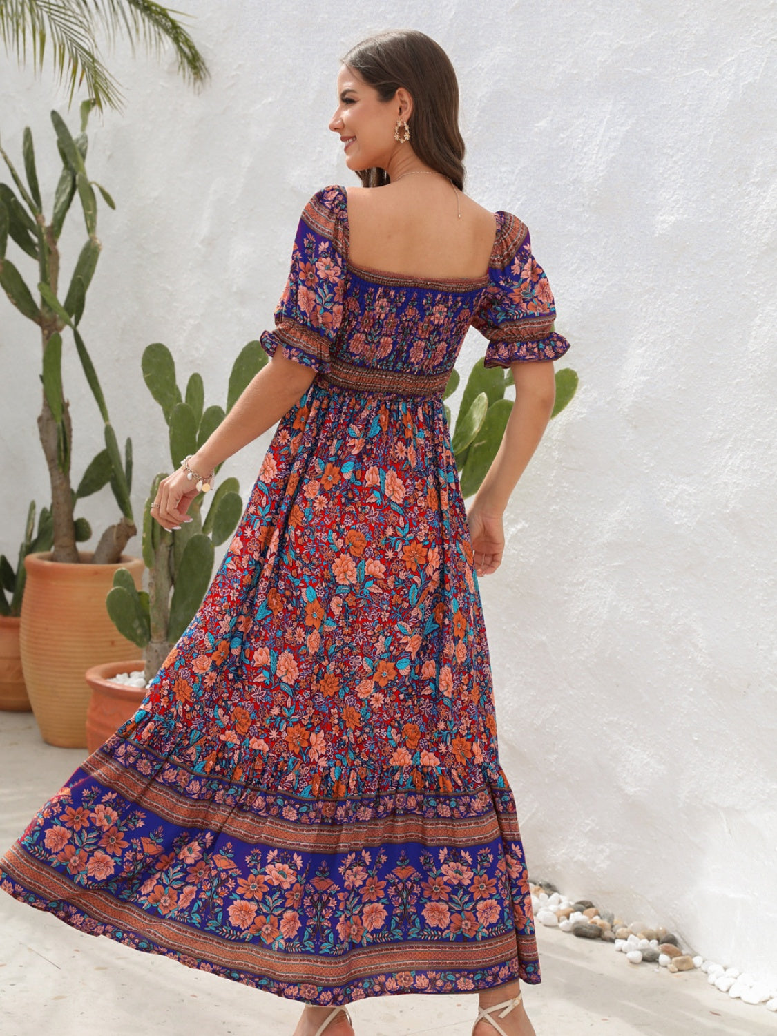 Women's Bohemian Floral Maxi Dress – Lightweight Cotton, Smocked Bodice, Puff Sleeves, Side Slit, Summer Essential