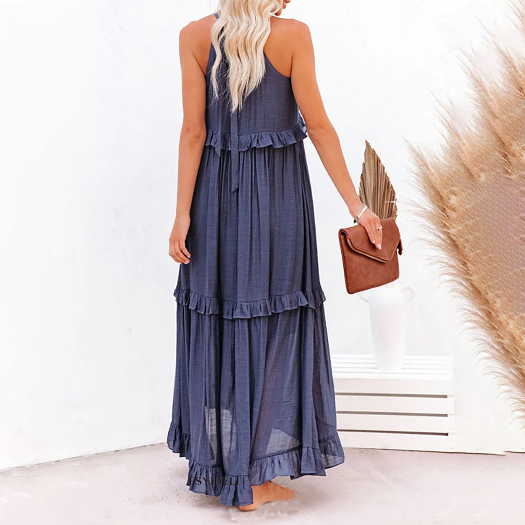 Women's White Maxi Dress – Sleeveless Halter Neck, Ruffle Tiered A-Line, Lightweight Cotton Blend
