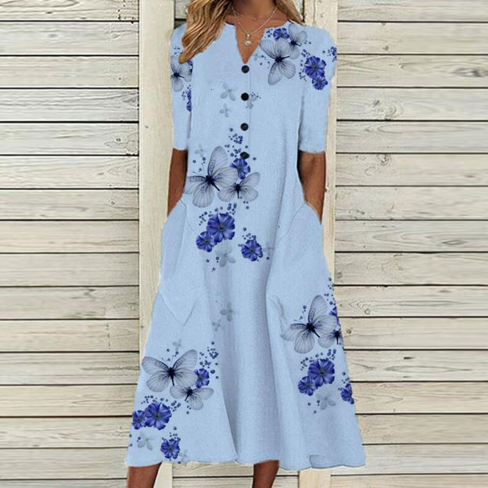 Variant image for Women's Floral Butterfly Midi Dress – V-Neck, Button Front, Short Sleeve, Pockets, Summer Ready-38