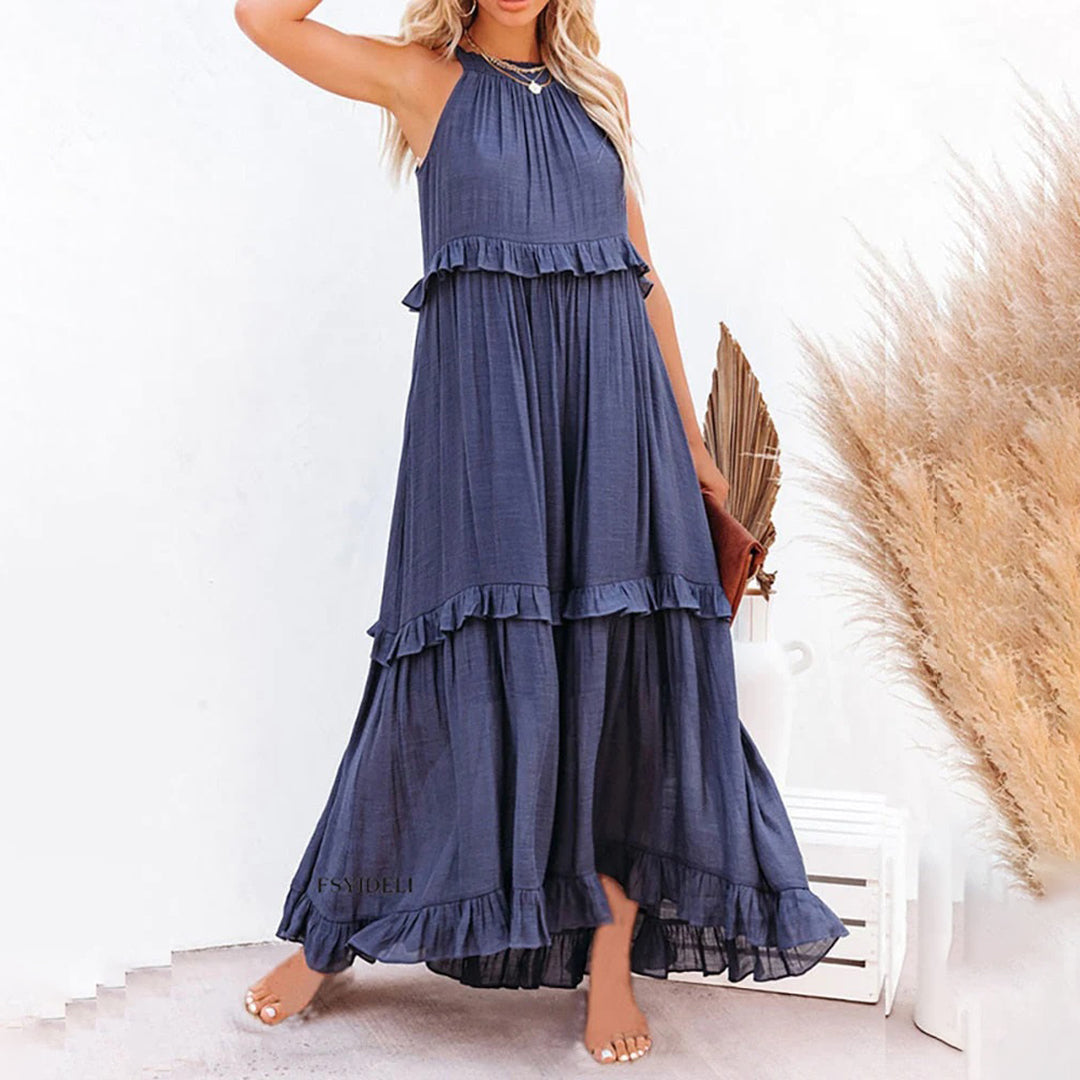 Variant image for Women's White Maxi Dress – Sleeveless Halter Neck, Ruffle Tiered A-Line, Lightweight Cotton Blend-1