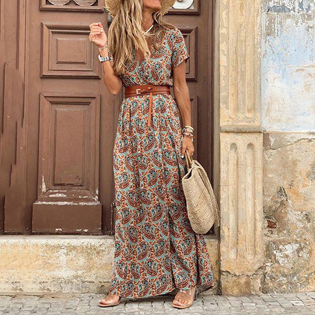 Variant image for Women's Paisley Print Maxi Dress – V-Neck, Short Sleeve, Belted Fit, Side Slit, Cotton Blend, Summer-13