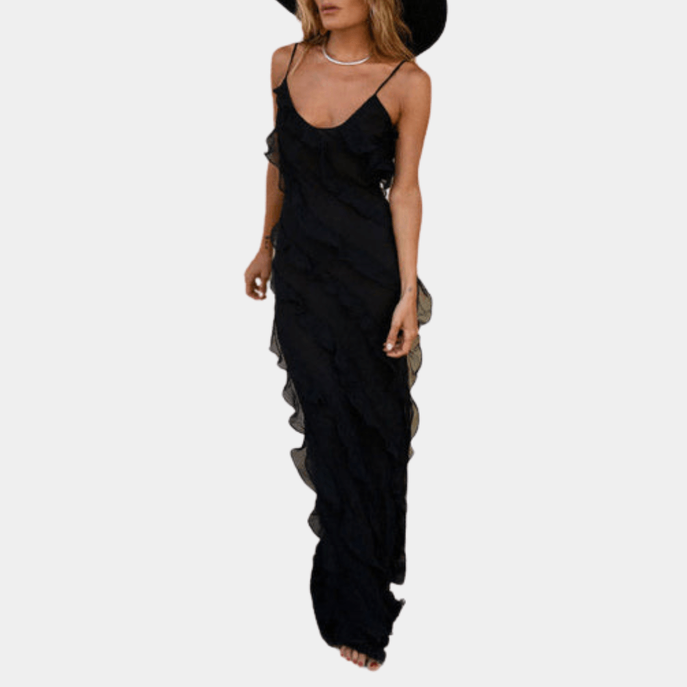 Women's Floor Length Evening Gown – Fitted Silhouette, Spaghetti Straps, Elegant Design