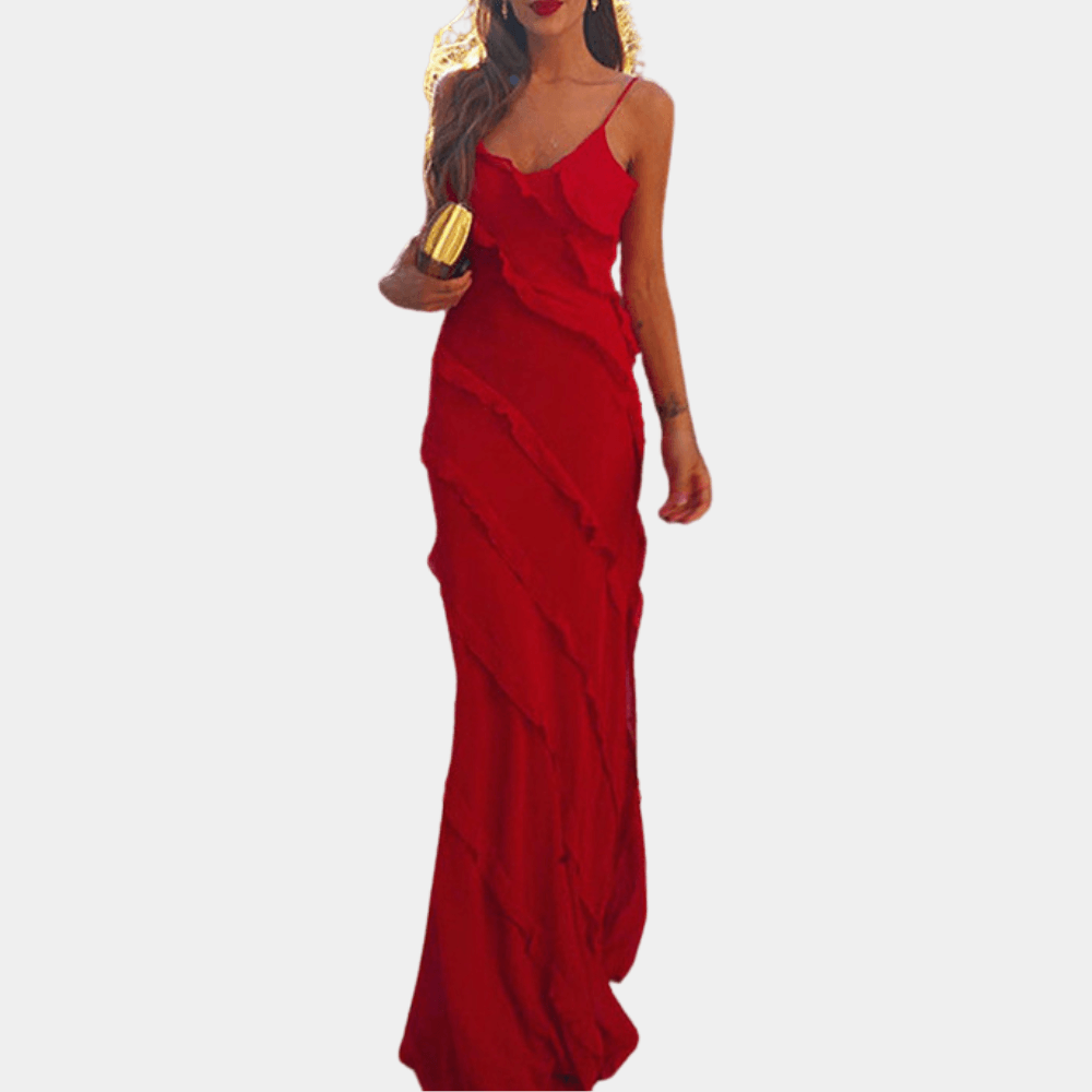 Women's Floor Length Evening Gown – Fitted Silhouette, Spaghetti Straps, Elegant Design