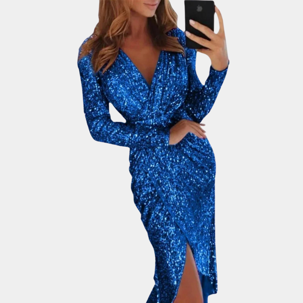 Women's Sequin Wrap Cocktail Dress – Elegant V-Neck, Long Sleeve, Fitted Silhouette, Side Slit