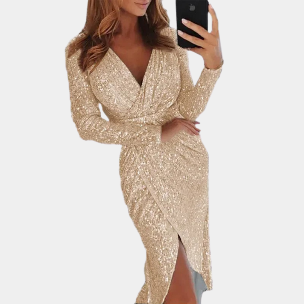 Women's Sequin Wrap Cocktail Dress – Elegant V-Neck, Long Sleeve, Fitted Silhouette, Side Slit