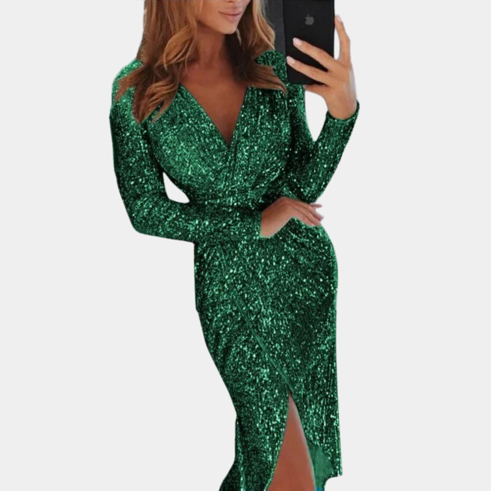 Variant image for Women's Sequin Wrap Cocktail Dress – Elegant V-Neck, Long Sleeve, Fitted Silhouette, Side Slit-19