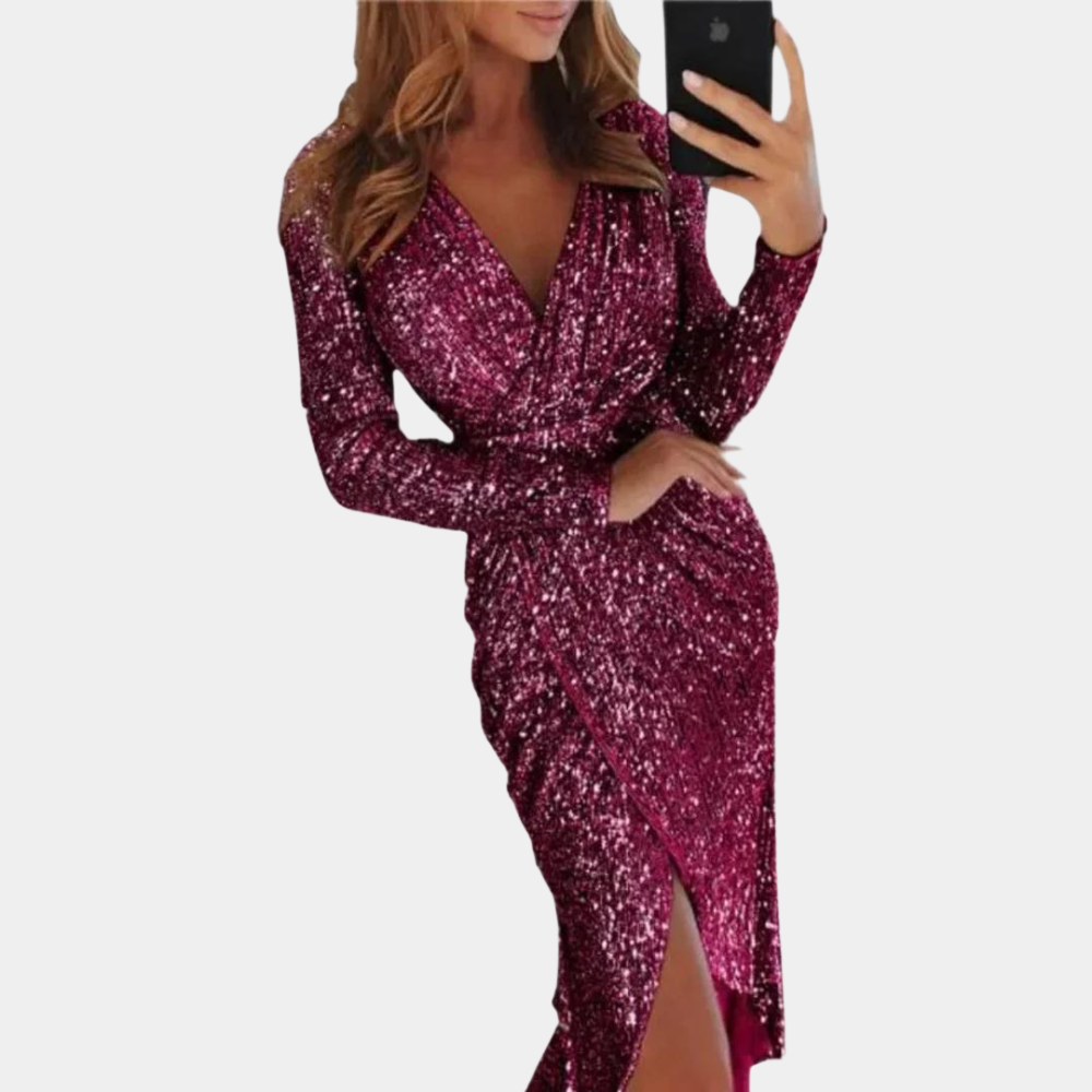 Variant image for Women's Sequin Wrap Cocktail Dress – Elegant V-Neck, Long Sleeve, Fitted Silhouette, Side Slit-13