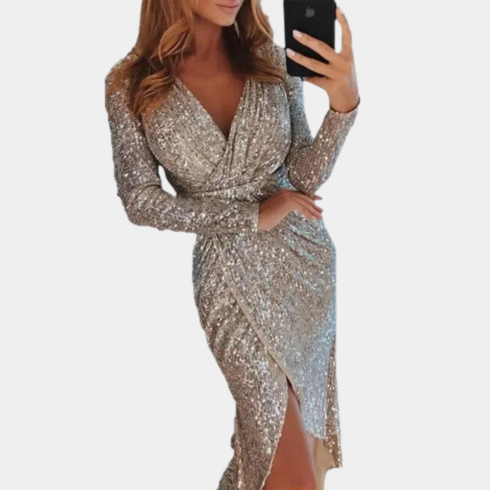 Variant image for Women's Sequin Wrap Cocktail Dress – Elegant V-Neck, Long Sleeve, Fitted Silhouette, Side Slit-1