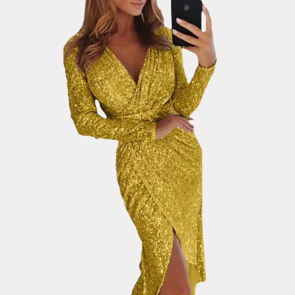 Variant image for Women's Sequin Wrap Cocktail Dress – Elegant V-Neck, Long Sleeve, Fitted Silhouette, Side Slit-7