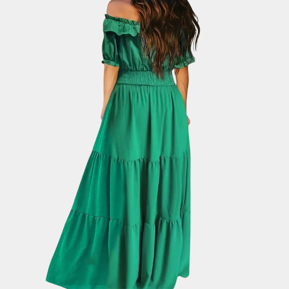 Women's Off-Shoulder Maxi Dress – Tiered Design, Short Sleeve, Elastic Waist, Perfect for Summer Events