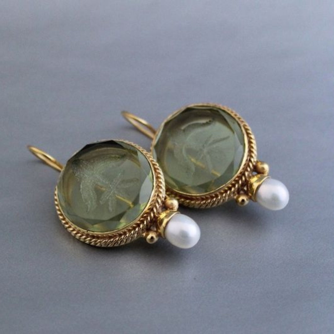 Layla | Vintage Drop Earrings Elegant Green Stone & Pearl Fashion Jewelry