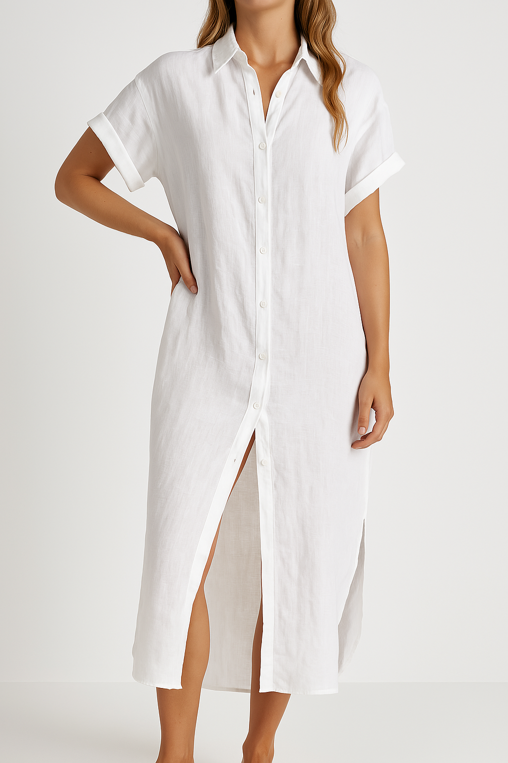 Women's Lightweight Cotton Blend Shirt Dress – Short Sleeve, Button-Down, Chic Front Slit, Summer Ready