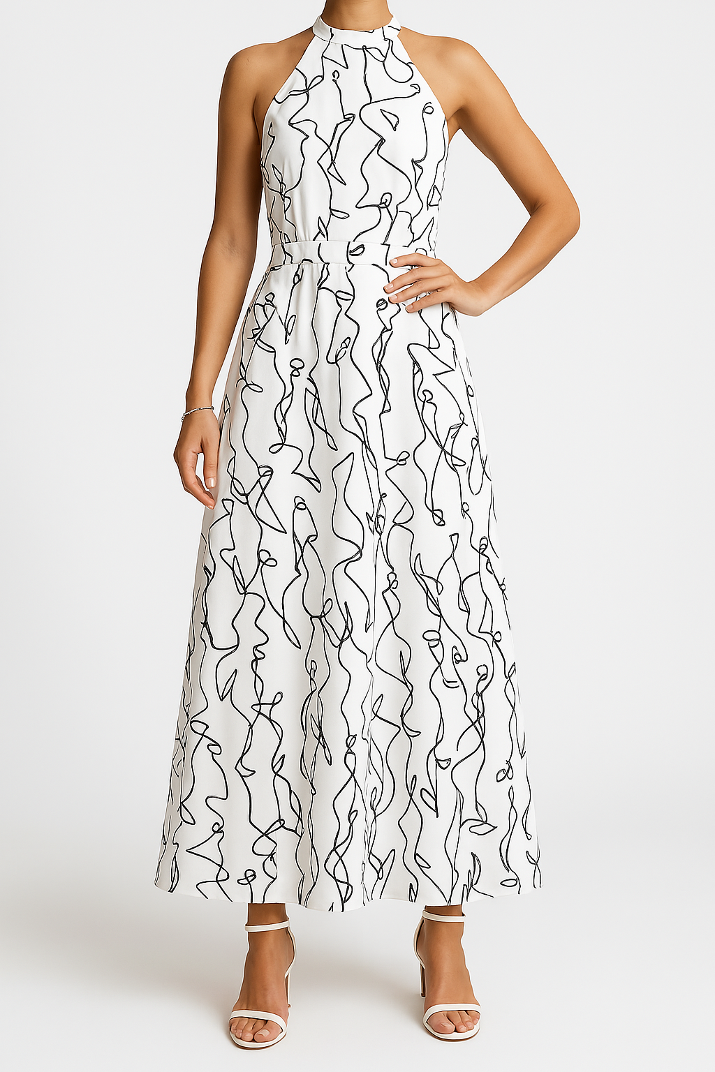 Women's Black Maxi Dress – Elegant Halter Neck, Fitted Waist, Abstract Print, Flowing Silhouette