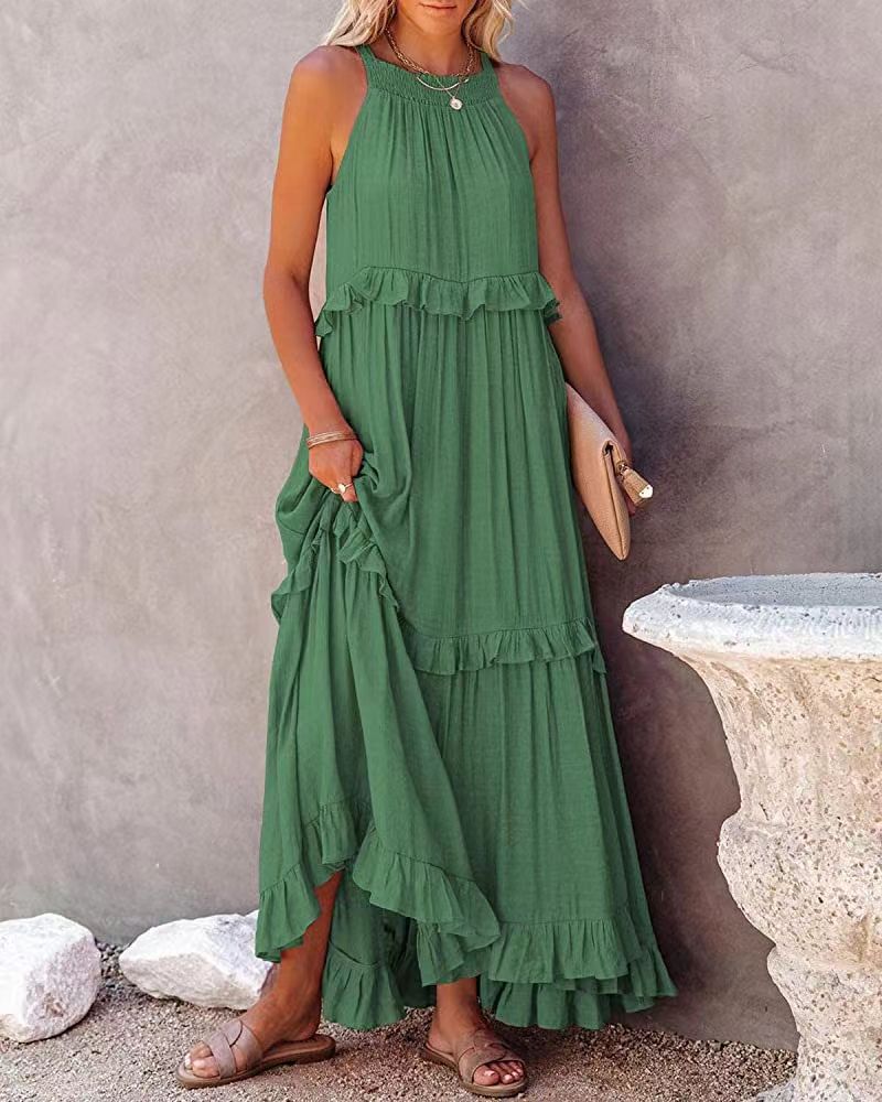 Women's Ruffled Maxi Dress – Sleeveless High-Low Hem, Flowy Fit, Lightweight Viscose Blend, Perfect for Summer