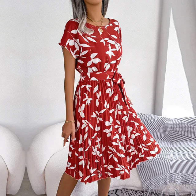 Variant image for Women's Floral Summer Dress – A-Line Pleated Skirt, Short Sleeve, Tie Waist, Cotton Blend-25
