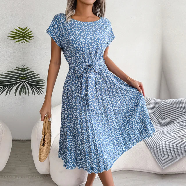 Variant image for Women's Floral Summer Dress – A-Line Pleated Skirt, Short Sleeve, Tie Waist, Cotton Blend-1