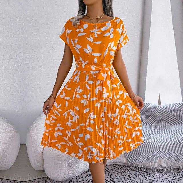 Variant image for Women's Floral Summer Dress – A-Line Pleated Skirt, Short Sleeve, Tie Waist, Cotton Blend-19