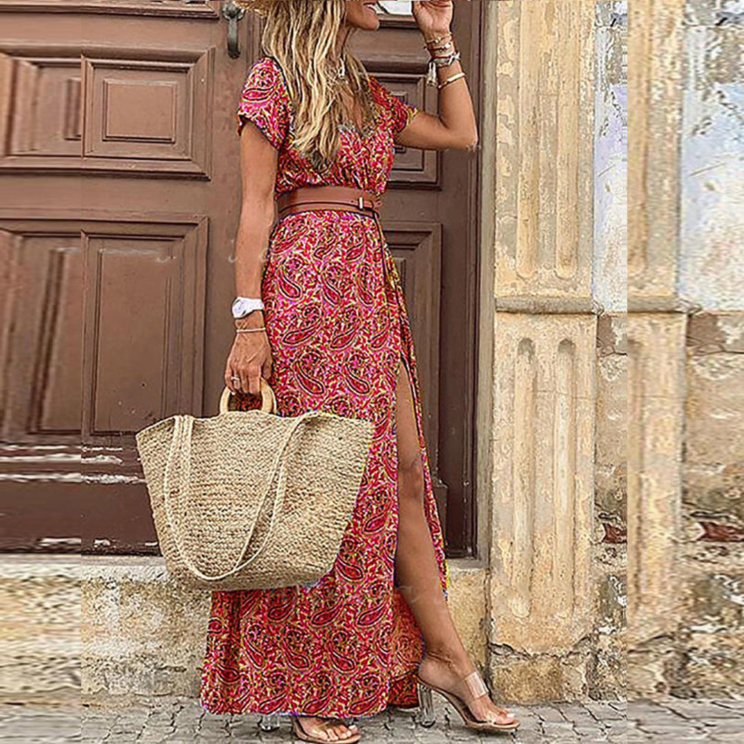 Variant image for Women's Paisley Print Maxi Dress – V-Neck, Short Sleeve, Belted Fit, Side Slit, Cotton Blend, Summer-19