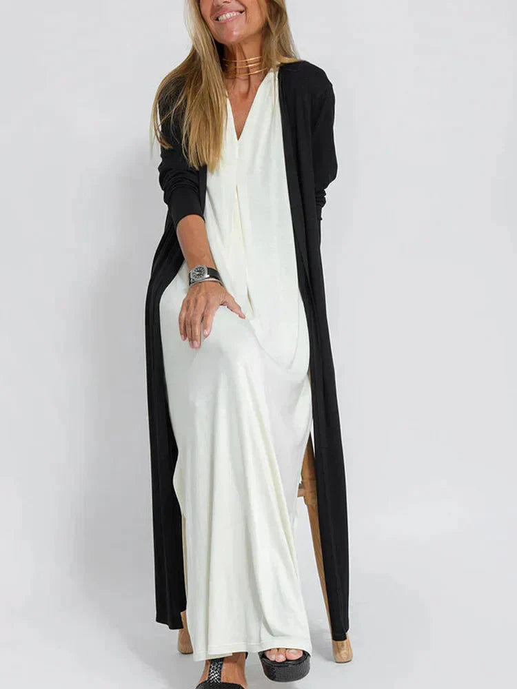 Women's Maxi Dress – Elegant V-Neck, Relaxed Fit, Long Sleeve, Layered Design