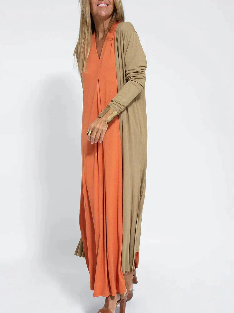 Women's Maxi Dress – Elegant V-Neck, Relaxed Fit, Long Sleeve, Layered Design