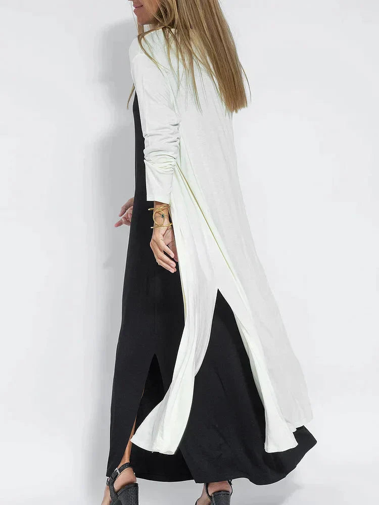 Women's Maxi Dress – Elegant V-Neck, Relaxed Fit, Long Sleeve, Layered Design