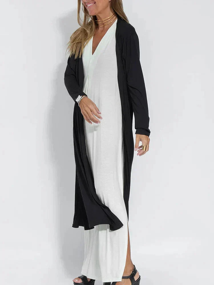 Women's Maxi Dress – Elegant V-Neck, Relaxed Fit, Long Sleeve, Layered Design