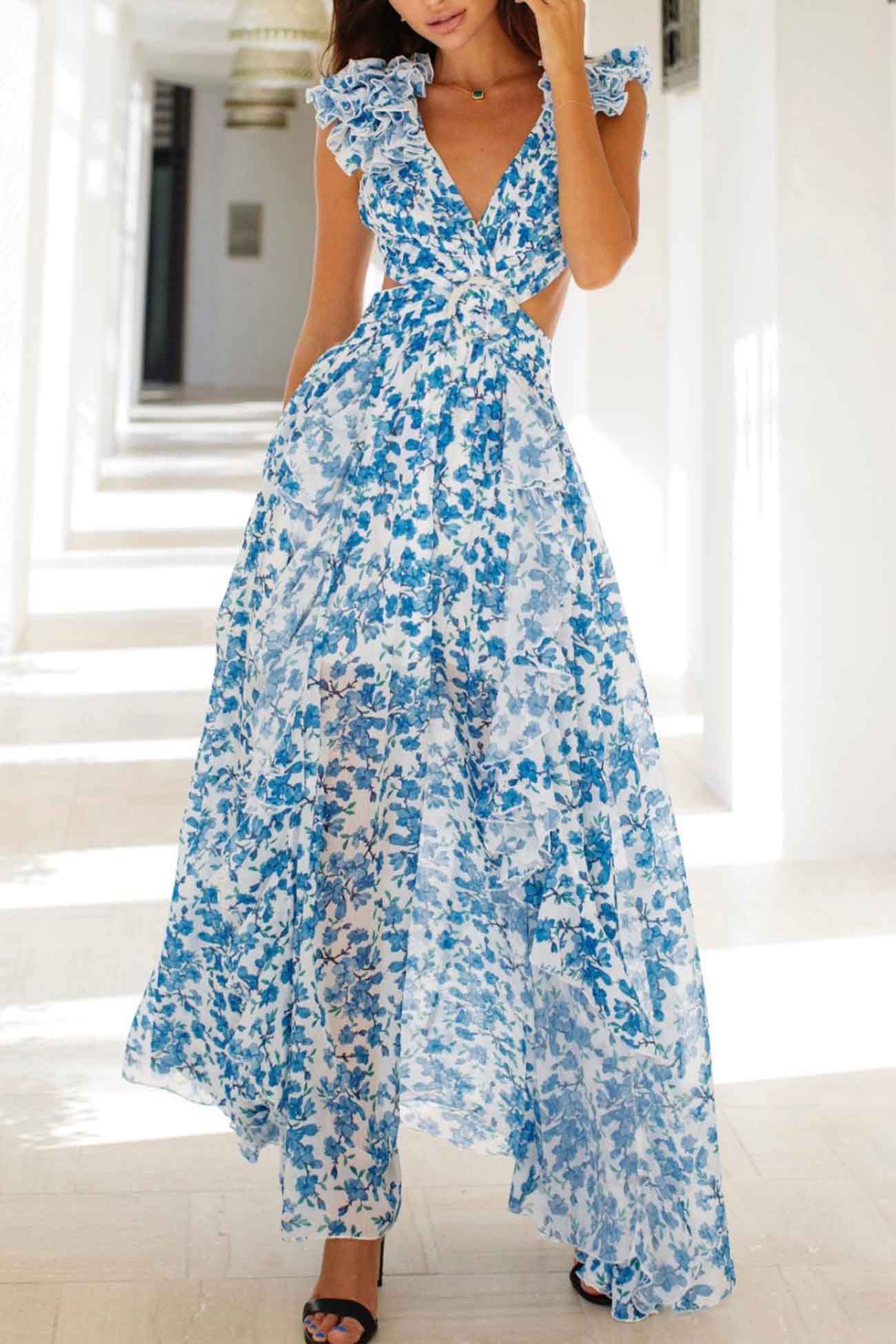 Variant image for Women's Floral Maxi Dress – Deep V-Neck, Ruffled Sleeves, High Slit, Cut-Out Waist, Perfect for Summer Events-5