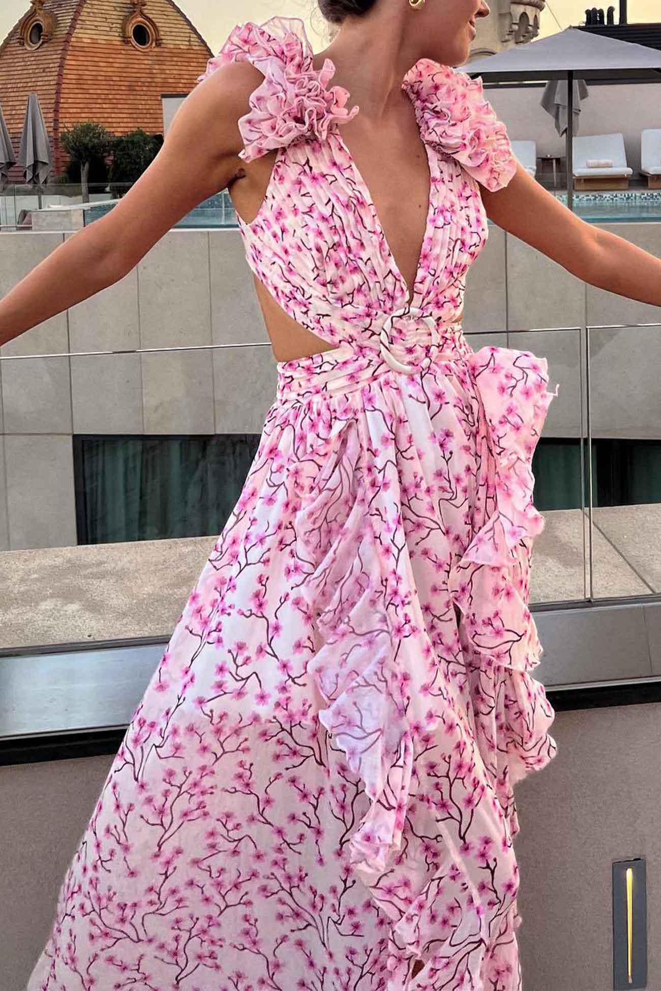Women's Floral Maxi Dress – Deep V-Neck, Ruffled Sleeves, High Slit, Cut-Out Waist, Perfect for Summer Events