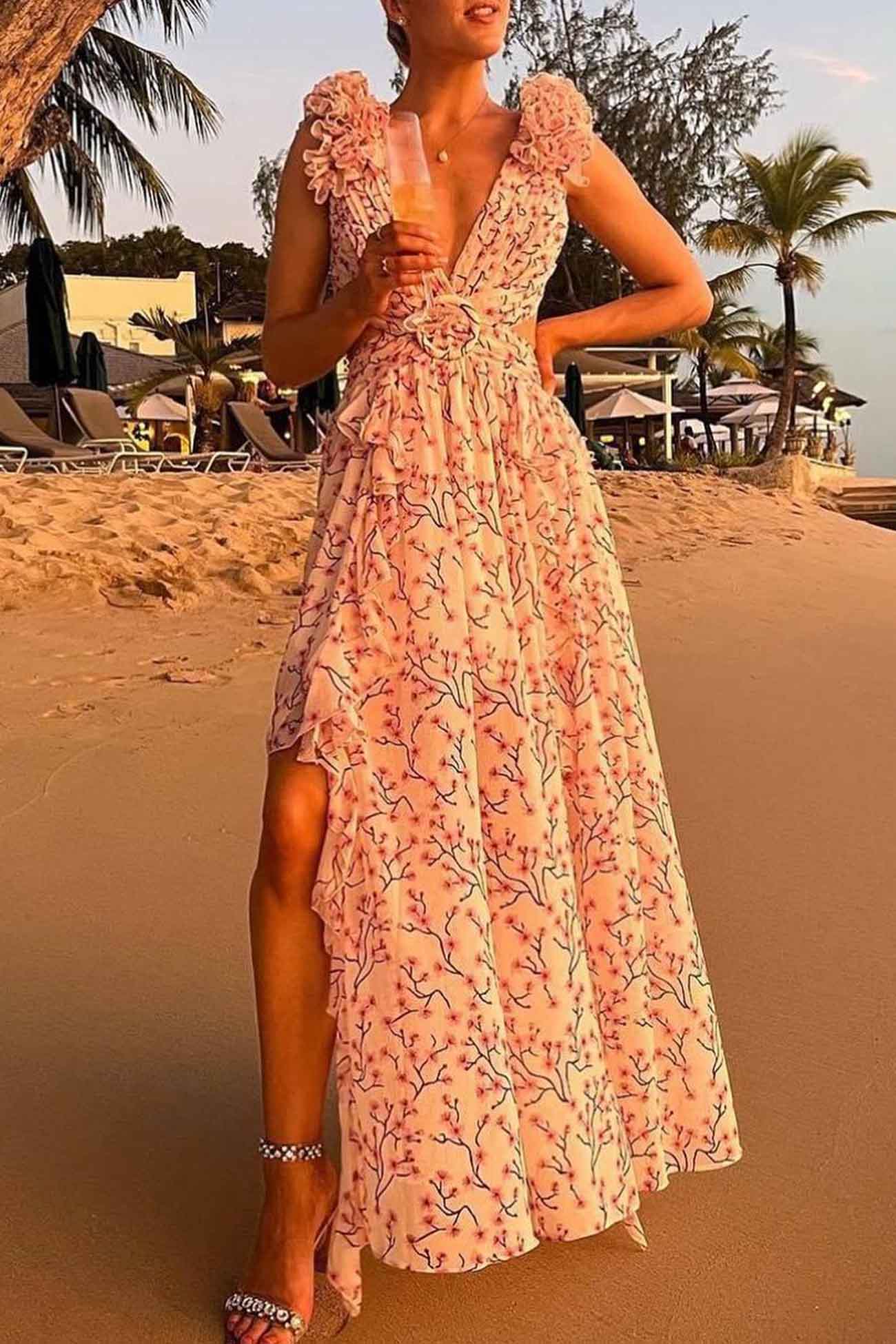 Variant image for Women's Floral Maxi Dress – Deep V-Neck, Ruffled Sleeves, High Slit, Cut-Out Waist, Perfect for Summer Events-2
