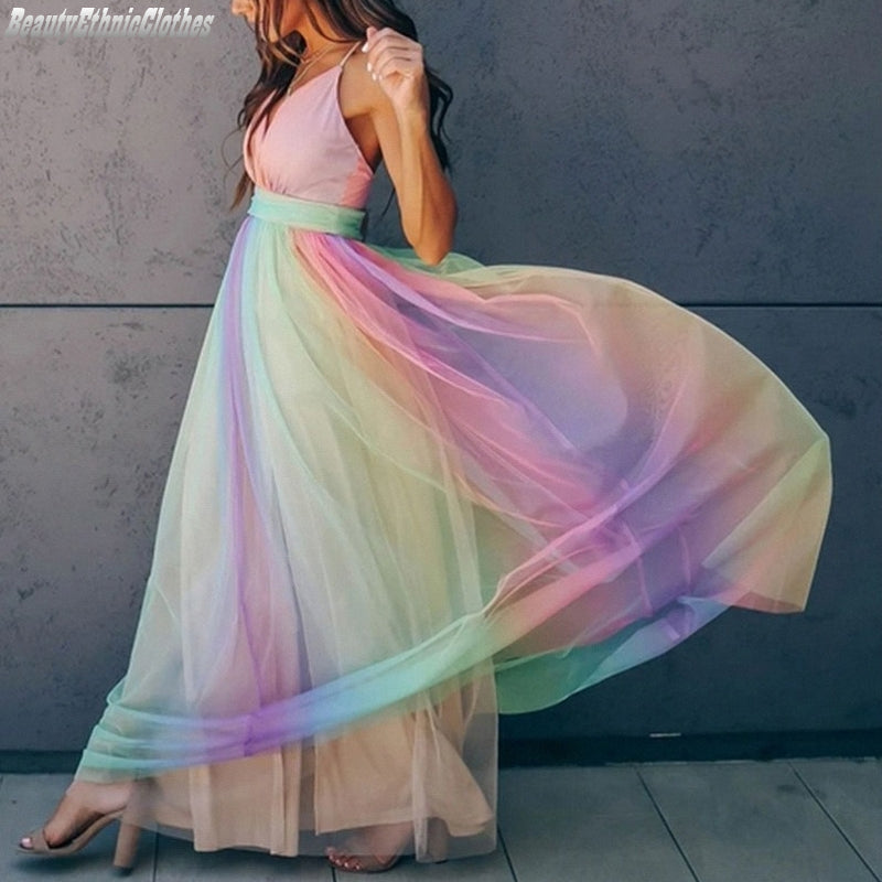 Women's Gradient Rainbow Halter Dress – Elegant Spaghetti Straps, Flowing Fit, Summer Ready