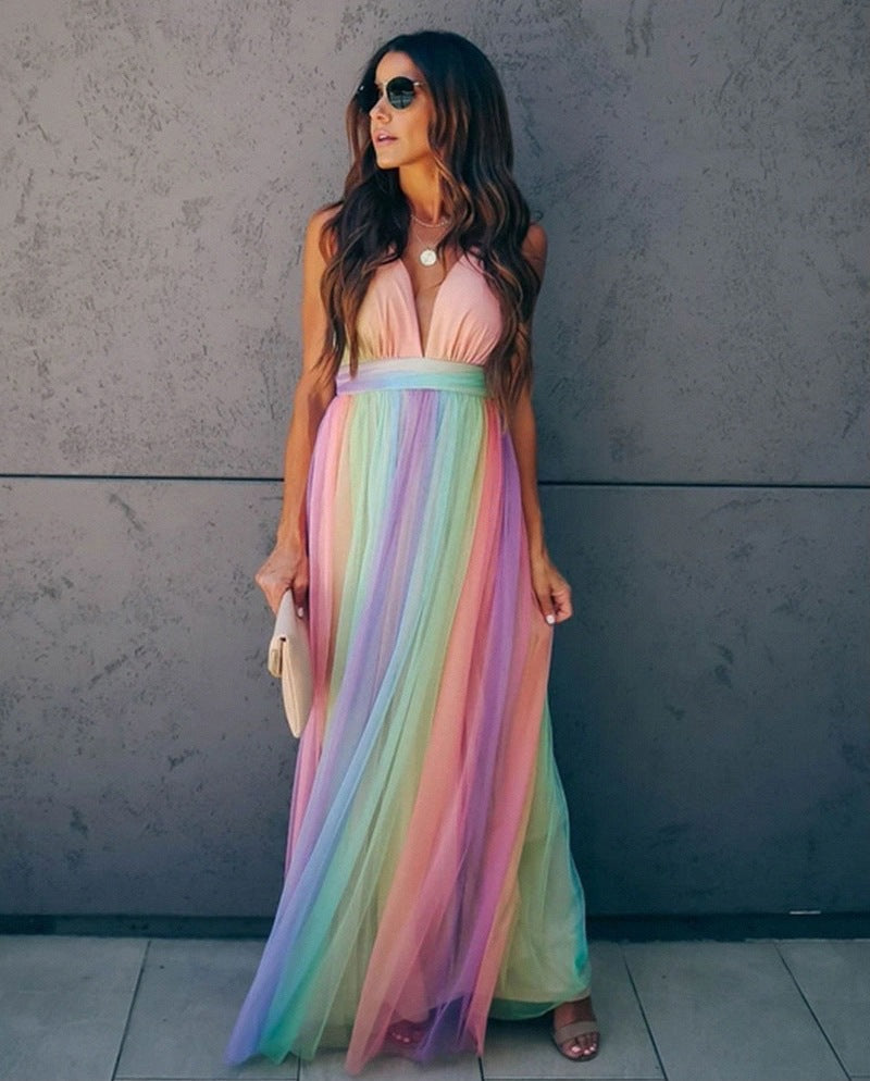 Women's Gradient Rainbow Halter Dress – Elegant Spaghetti Straps, Flowing Fit, Summer Ready