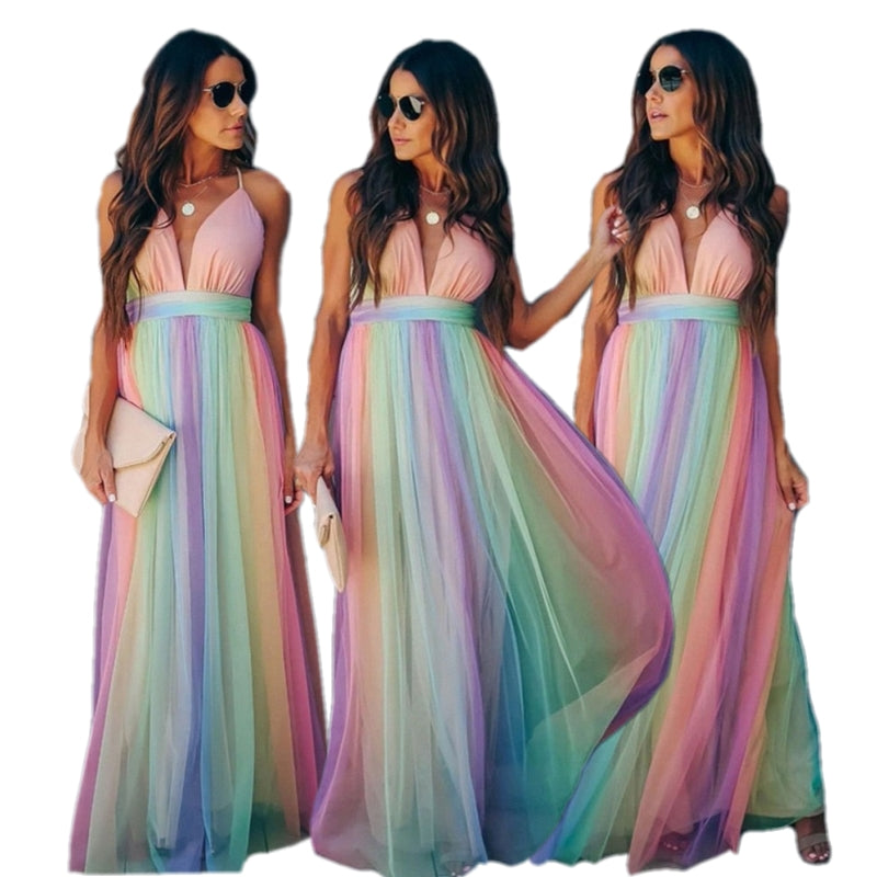 Women's Gradient Rainbow Halter Dress – Elegant Spaghetti Straps, Flowing Fit, Summer Ready