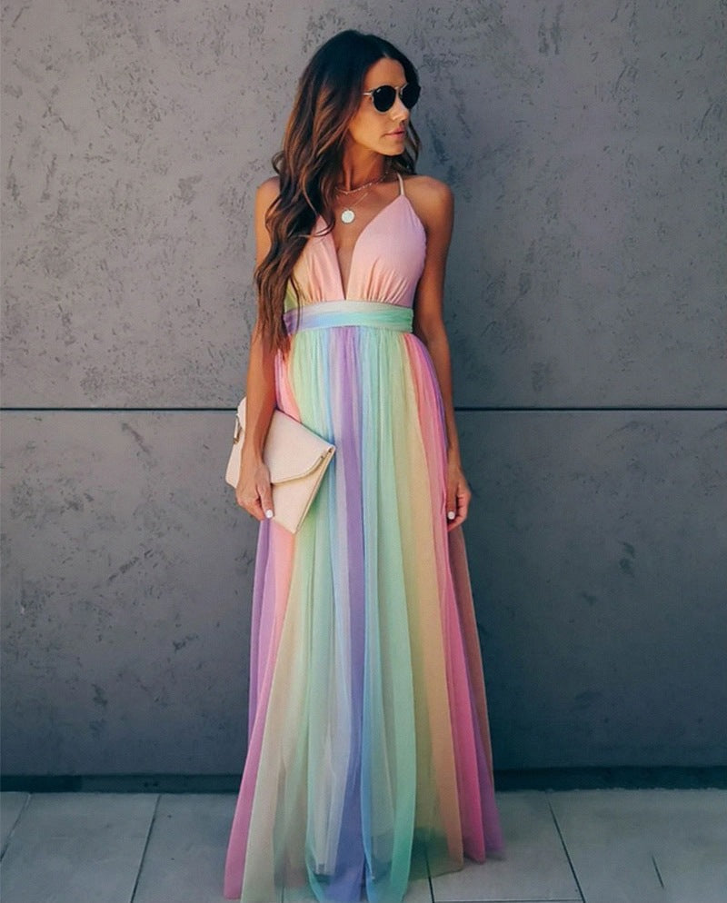 Women's Gradient Rainbow Halter Dress – Elegant Spaghetti Straps, Flowing Fit, Summer Ready