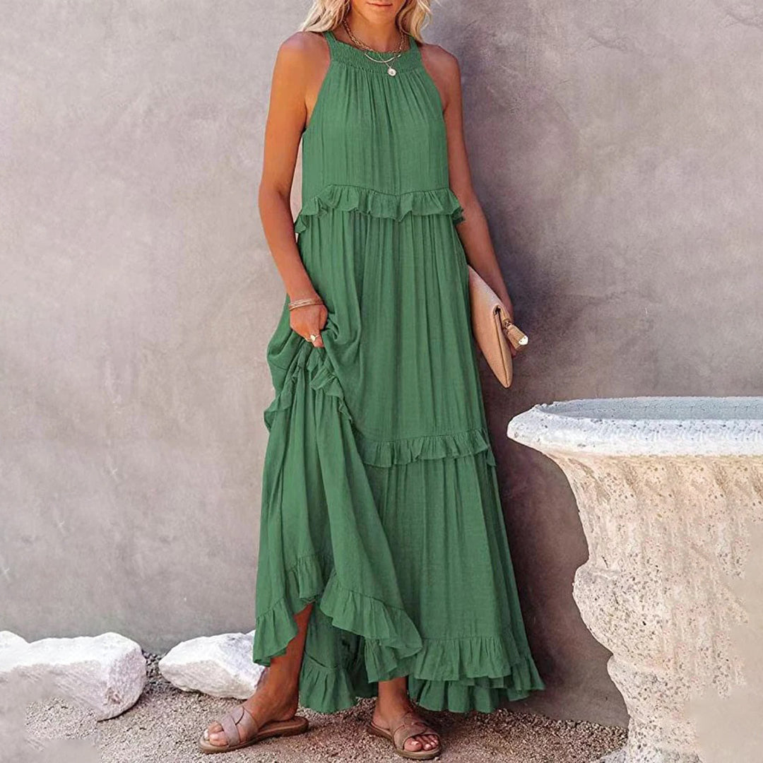Variant image for Women's White Maxi Dress – Sleeveless Halter Neck, Ruffle Tiered A-Line, Lightweight Cotton Blend-16
