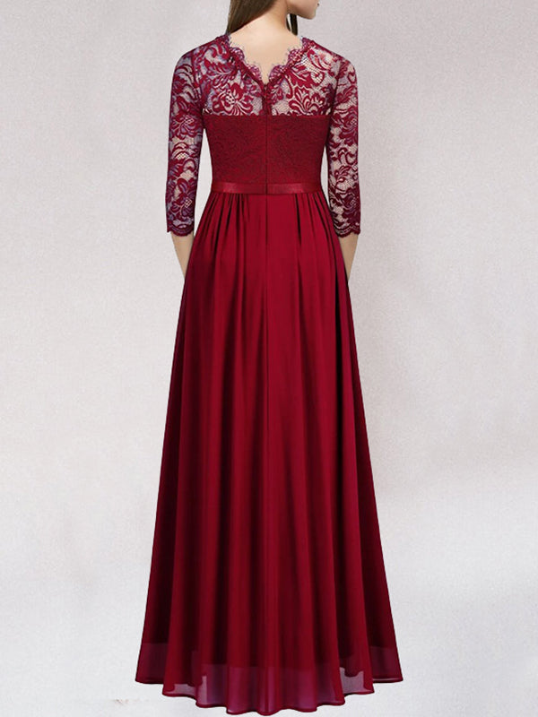 Women's A-Line Evening Gown – Elegant Lace Bodice, Illusion Neckline, 3/4 Sleeve, Formal Dress