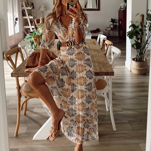 Women's Maxi Dress – Elegant Wrap Style, V-Neck, 3/4 Sleeve, Lightweight Flowy Fit