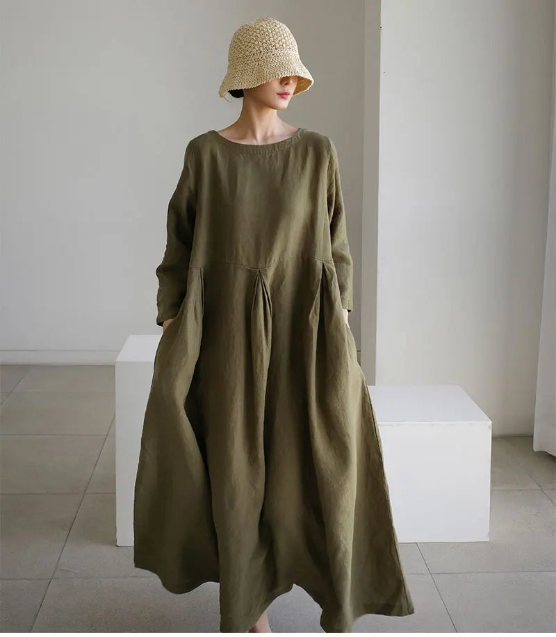 Variant image for Women's Casual Maxi Dress – Lightweight Cotton, Loose Fit, Long Sleeve, Round Neckline-25