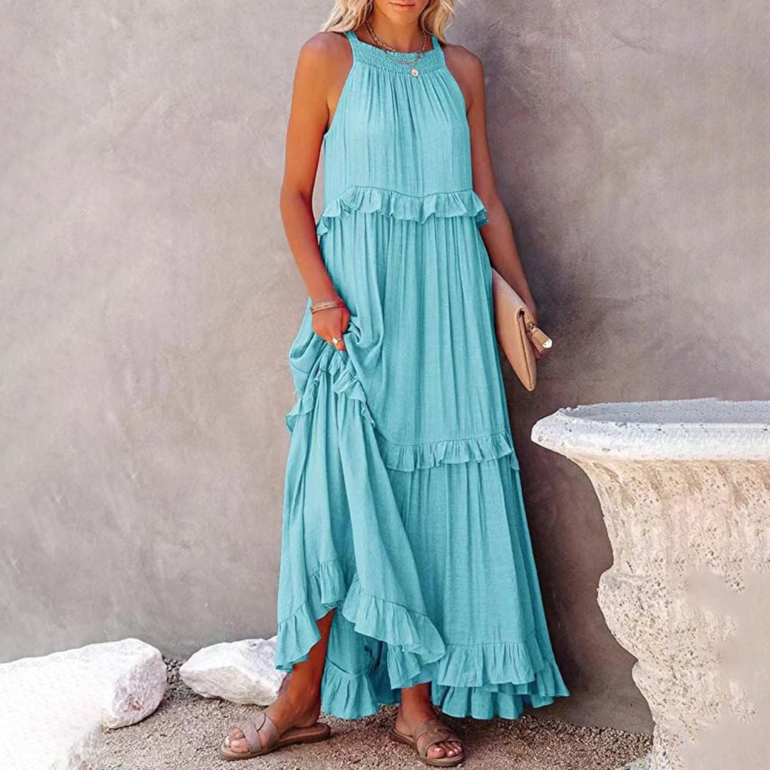 Women's White Maxi Dress – Sleeveless Halter Neck, Ruffle Tiered A-Line, Lightweight Cotton Blend