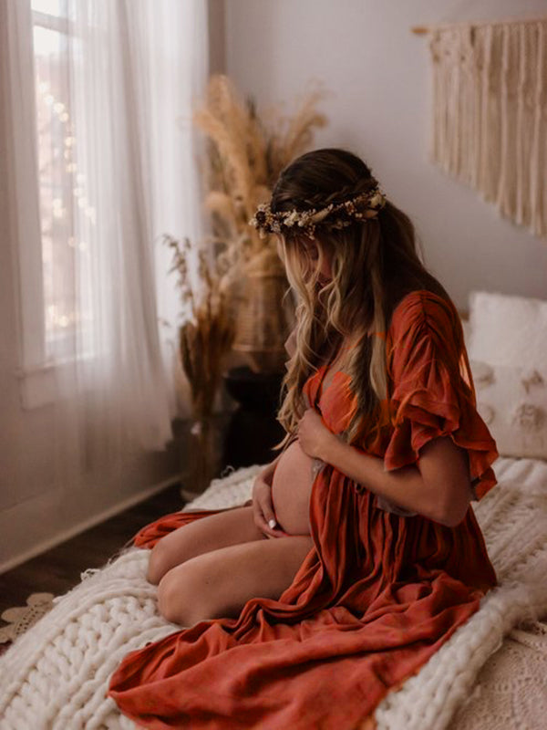 Women's White Maternity Dress – Flowy Maxi, Empire Waist, Ruffled Sleeves, Perfect for Baby Showers and Photoshoots