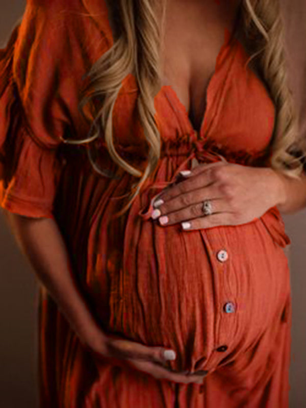 Women's White Maternity Dress – Flowy Maxi, Empire Waist, Ruffled Sleeves, Perfect for Baby Showers and Photoshoots