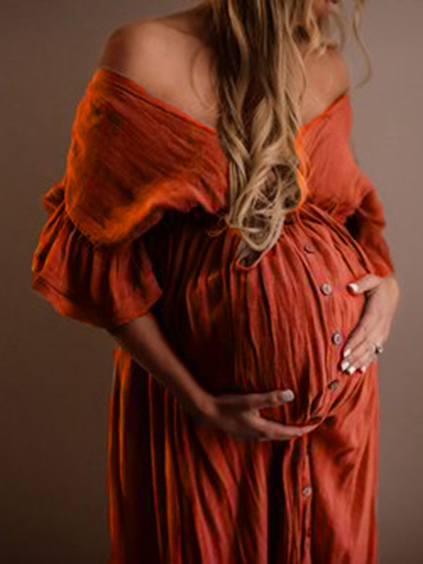Women's White Maternity Dress – Flowy Maxi, Empire Waist, Ruffled Sleeves, Perfect for Baby Showers and Photoshoots