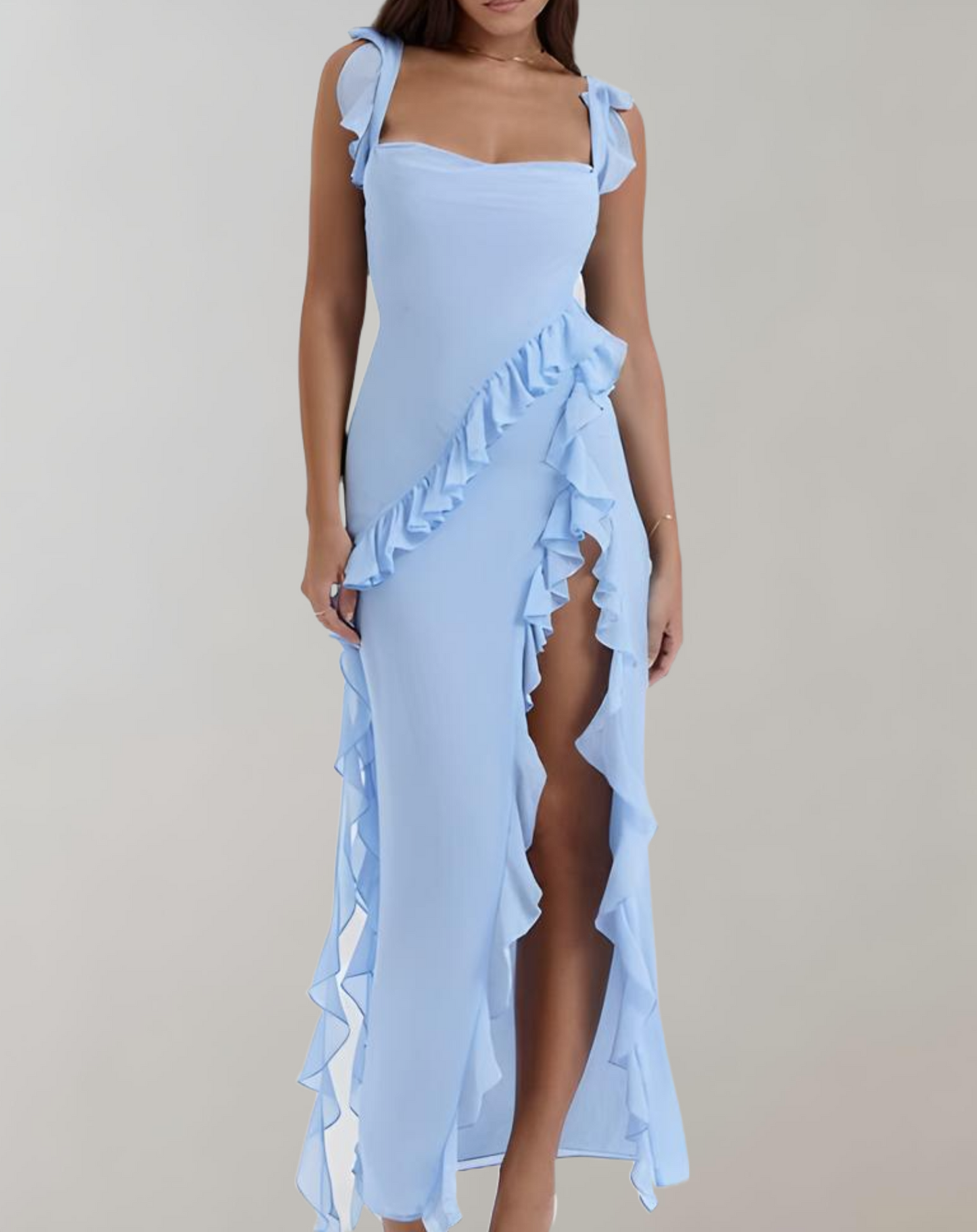 Women's Elegant Evening Dress – Square Neckline, Ruffled Straps, High Slit, Flattering Fit, Chiffon