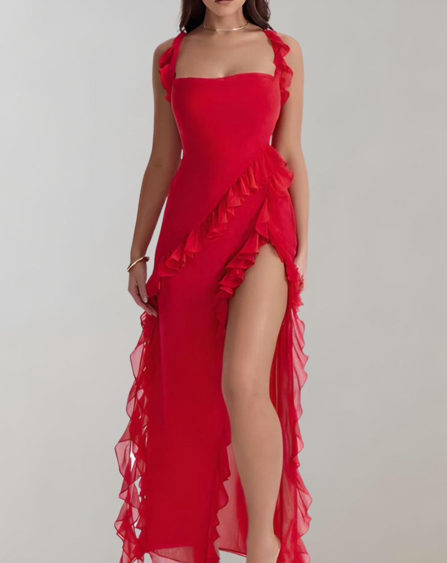 Variant image for Women's Elegant Evening Dress – Square Neckline, Ruffled Straps, High Slit, Flattering Fit, Chiffon-6