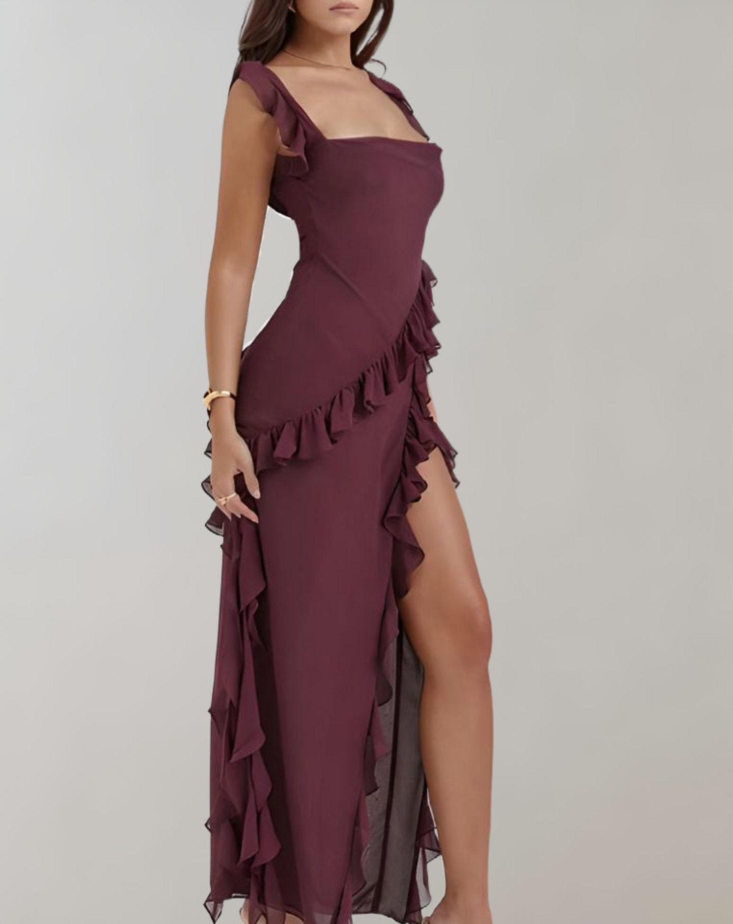 Women's Elegant Evening Dress – Square Neckline, Ruffled Straps, High Slit, Flattering Fit, Chiffon