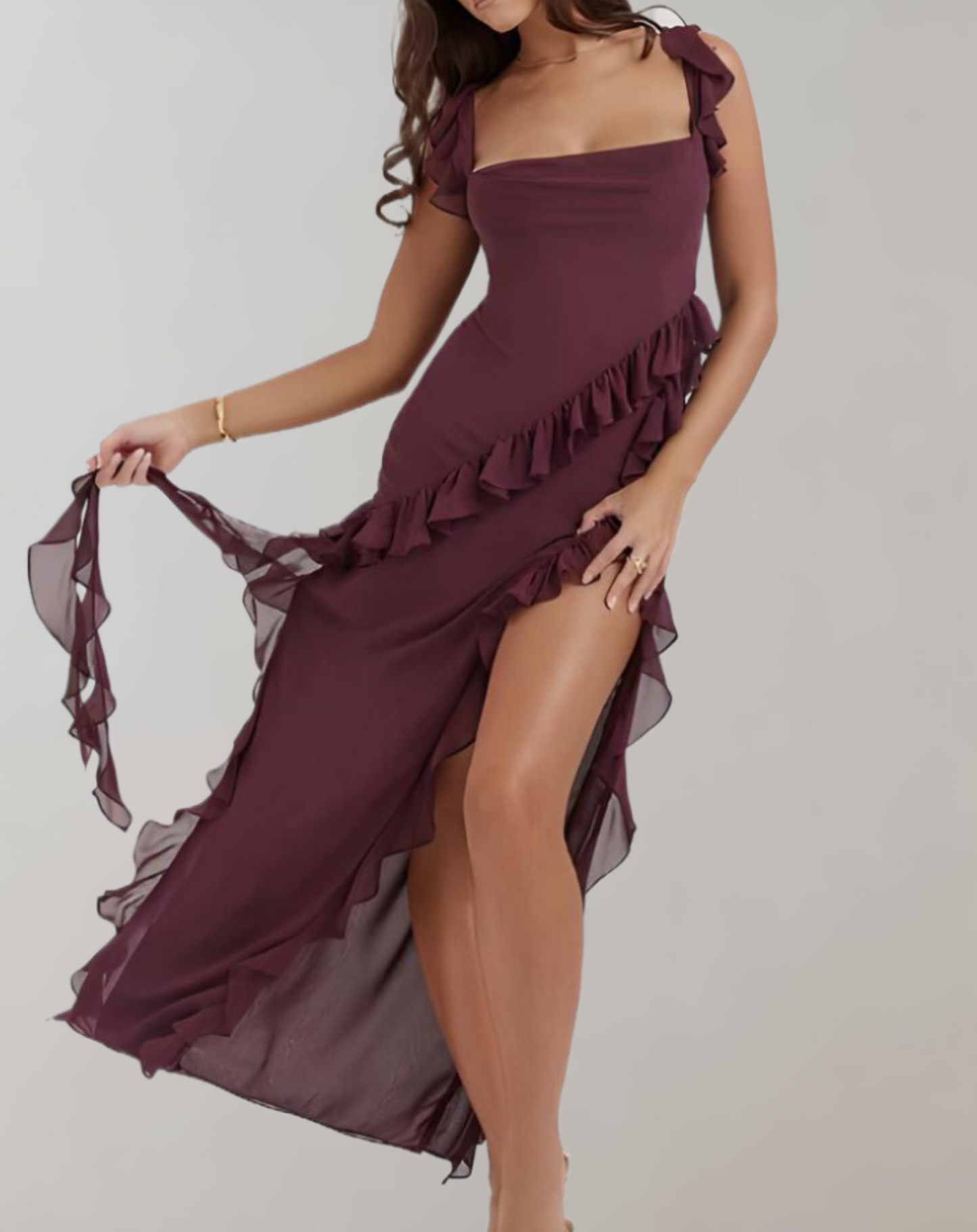 Women's Elegant Evening Dress – Square Neckline, Ruffled Straps, High Slit, Flattering Fit, Chiffon