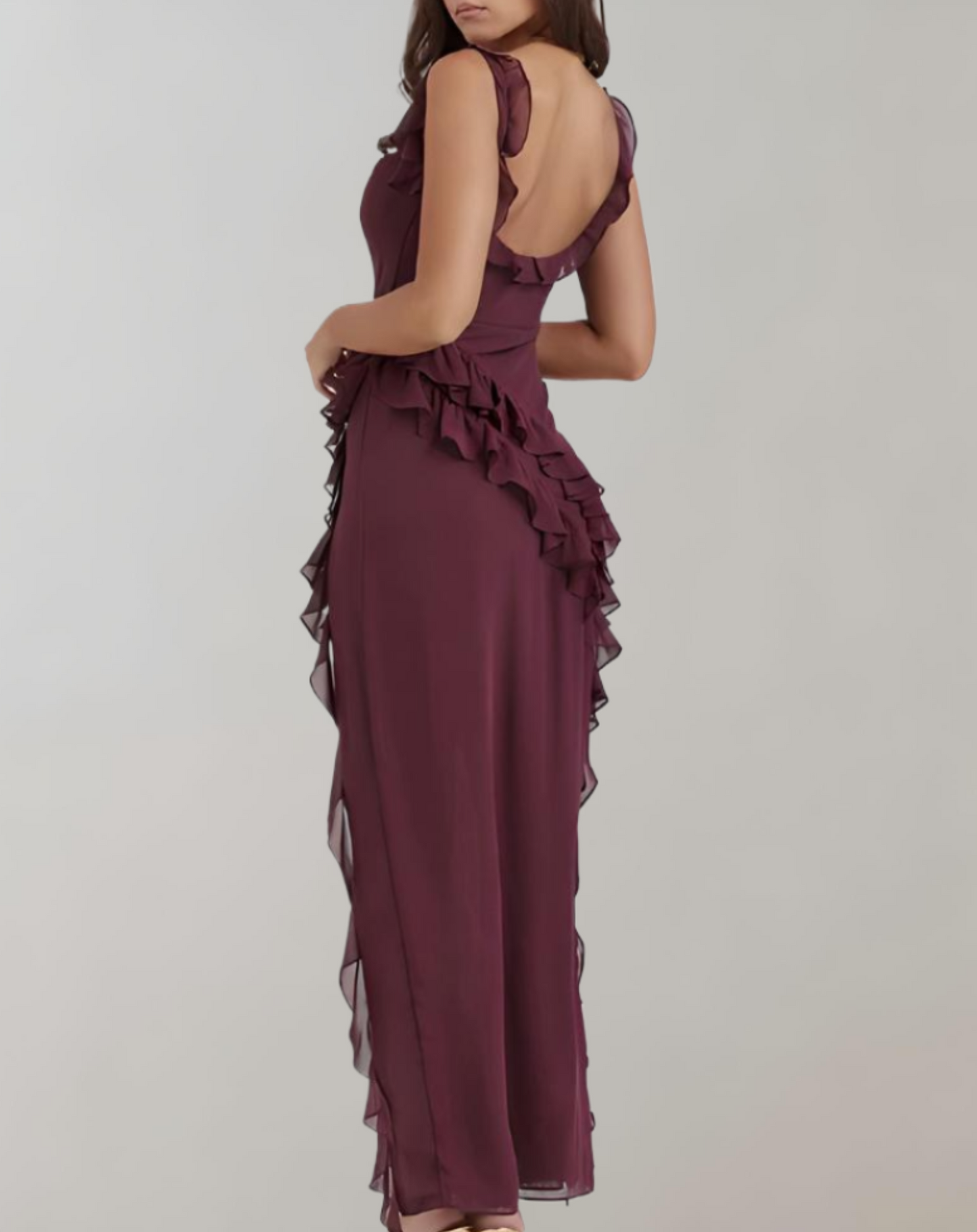 Women's Elegant Evening Dress – Square Neckline, Ruffled Straps, High Slit, Flattering Fit, Chiffon