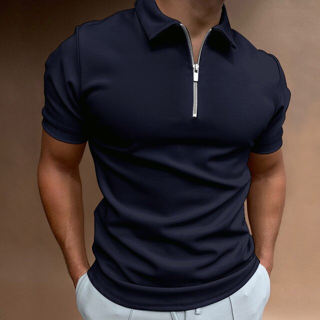 William | Men’s Zipper Polo Shirt Casual Short Sleeve Cotton-Blend Top